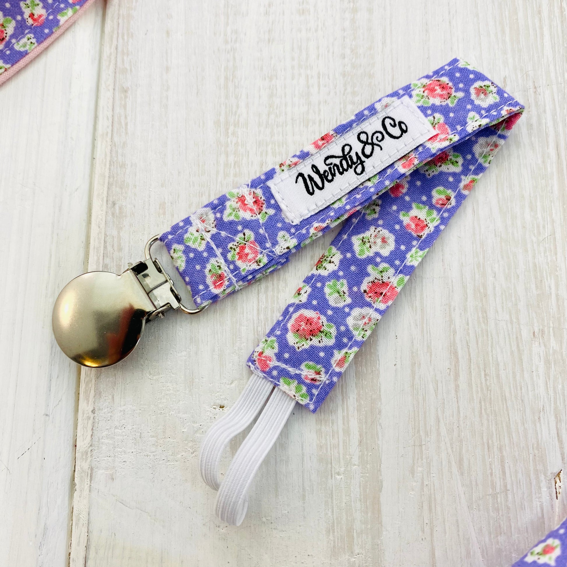 Lilac, lavender, purple and pink floral paci clip, pacifier clip with metal snapl