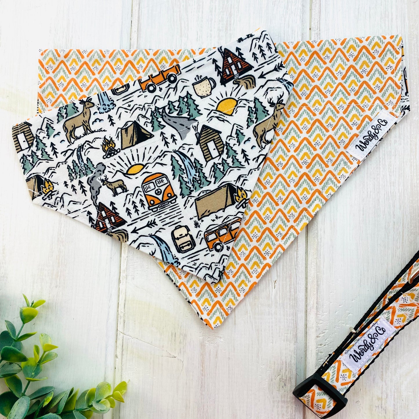 Wanderlust and orange mountain theme dog bandana.