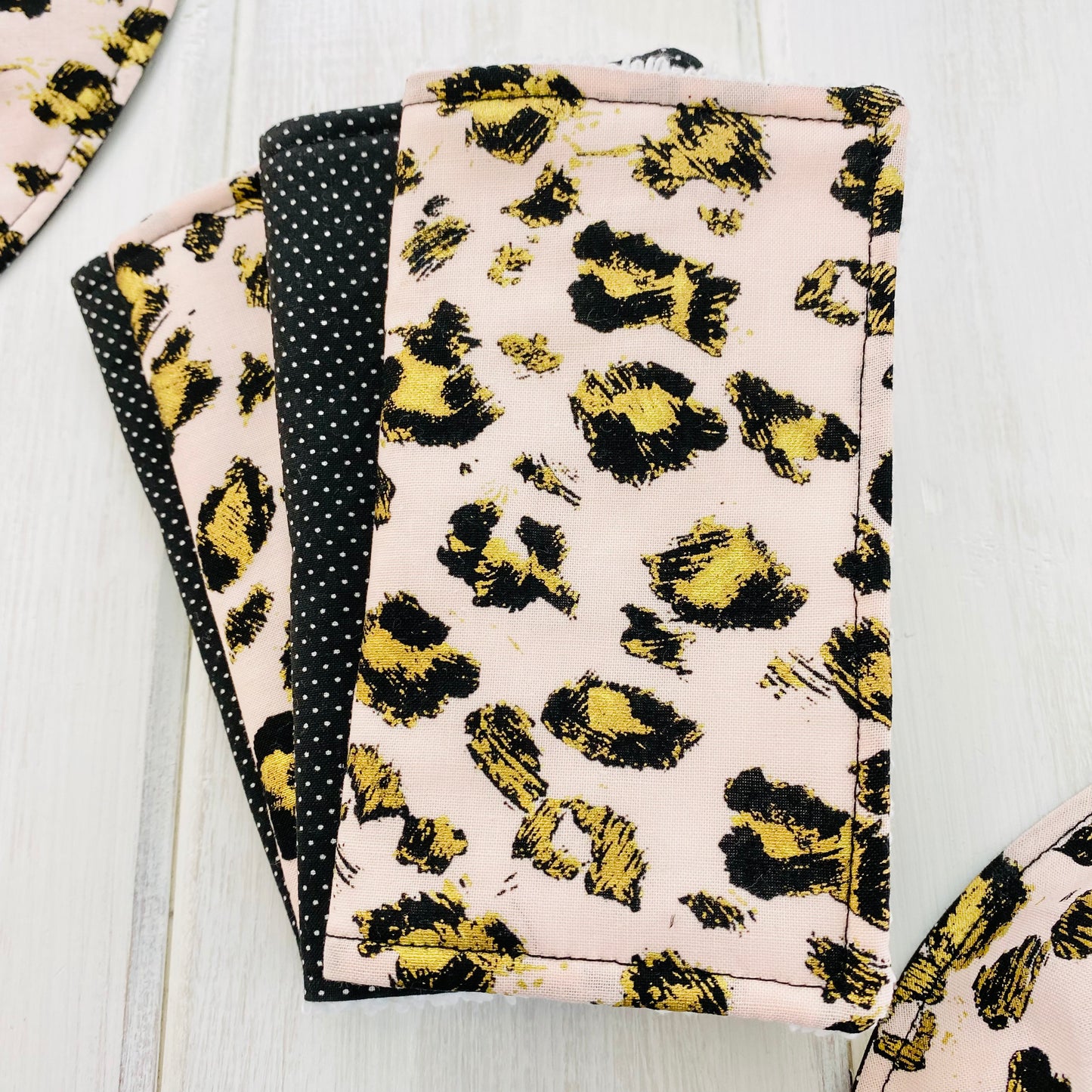 Blush pink cheetah animal print fabric with black and gold accents set of 4 handmade washing cloths.