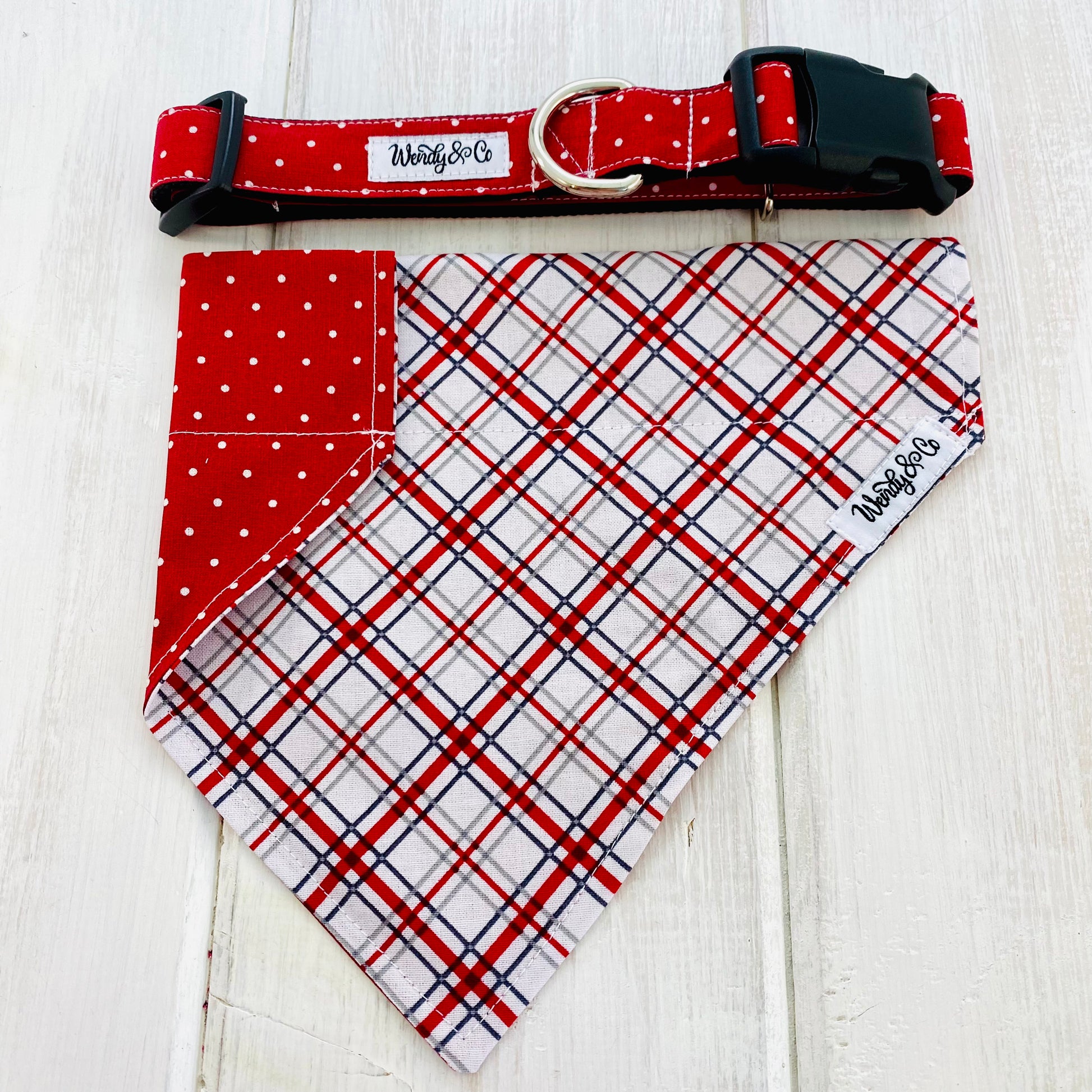 Red dot collar with red plaid reversible dog bandana.